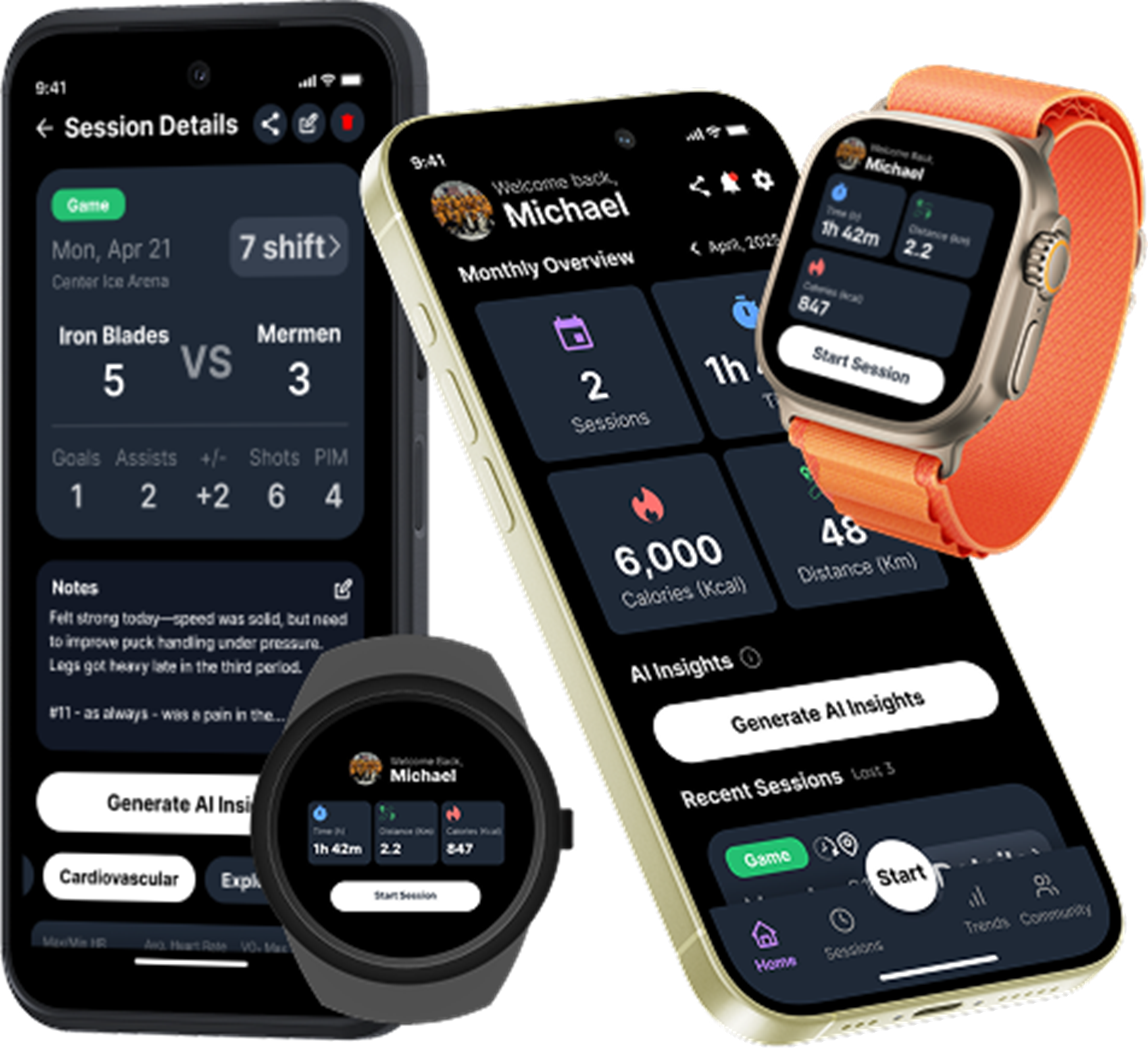 Hockey Performance Tracker app shown on various iOS and Android devices